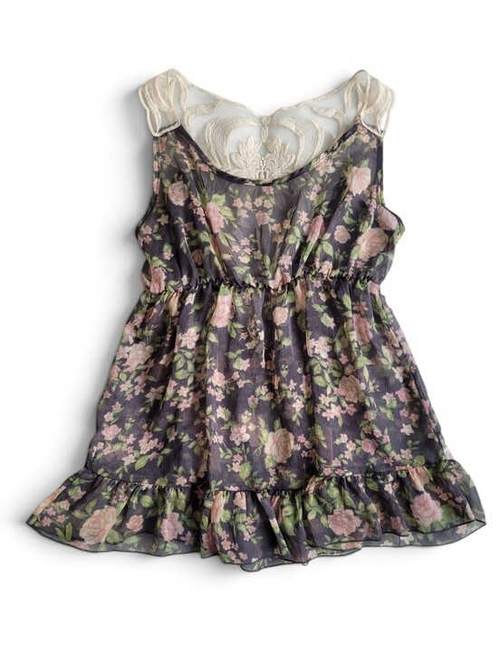 Vintage Tops - Vintage Y2K Roses Print Lace Back Sleeveless Chiffon Babydoll Top Large